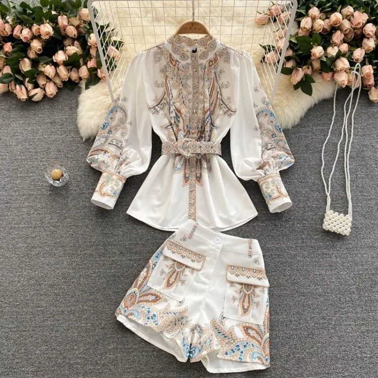 2 Piece Sets Womens Outfits Korean Women Clothing Long Sleeve Stand Neck Blouses High Waist Shorts Suit Retro Floral Summer Set