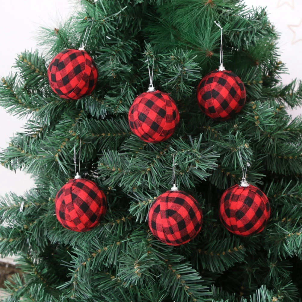 24PCS Buffalo Balls Black and Red Plaid Ball Ornaments Christmas Decor Fabric Wrapped Balls Xmas Holiday Home Decoration