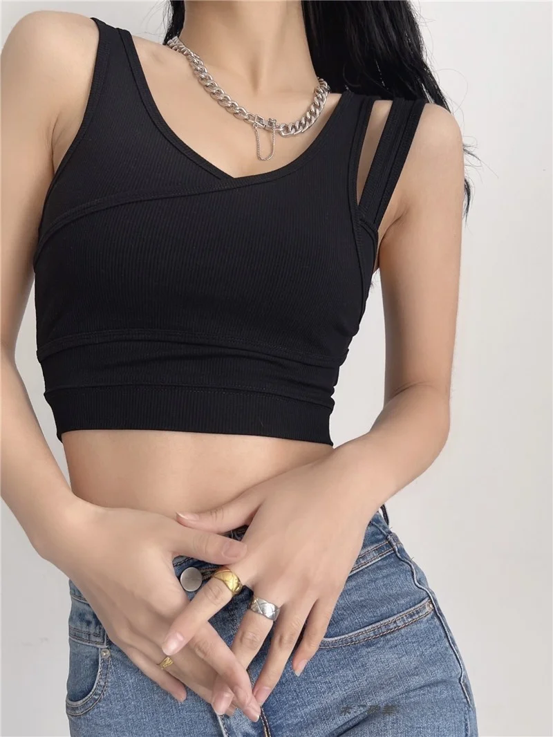 Gilet asimmetrico americano di colore retrò Gilet sportivo piccante da donna con cinturino multiplo per yoga elastico con ombelico