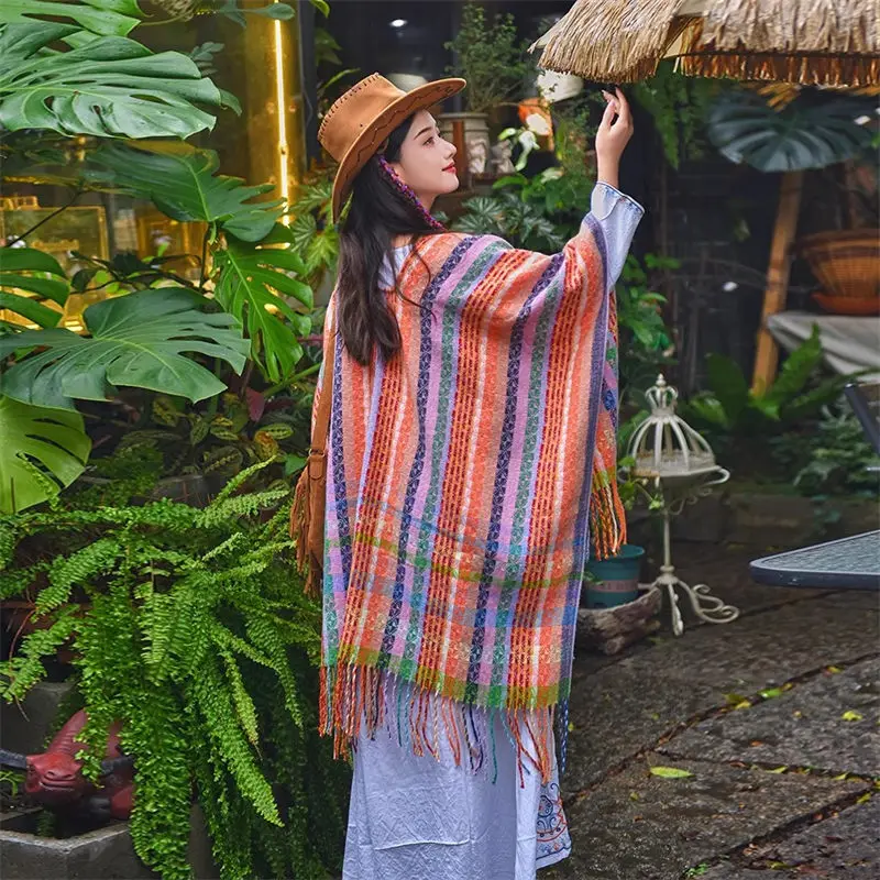 Ethnic Style Cloak Retro Blanket Travel Outfit Air-Conditioned Shawl Women's Cloak Autumn And Winter Tassel Cape Top K2485