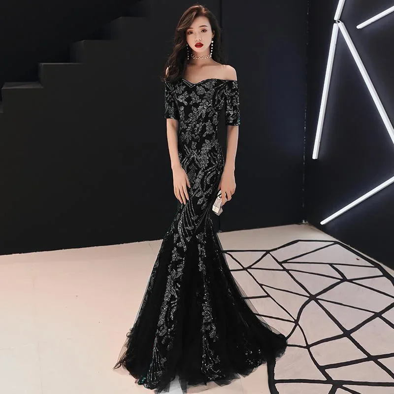 Evening Dress Black Sequins Stretchy Off shoulder Zipper Back Mermaid Trumpet Floor Length Women Party Formal Gowns YE122