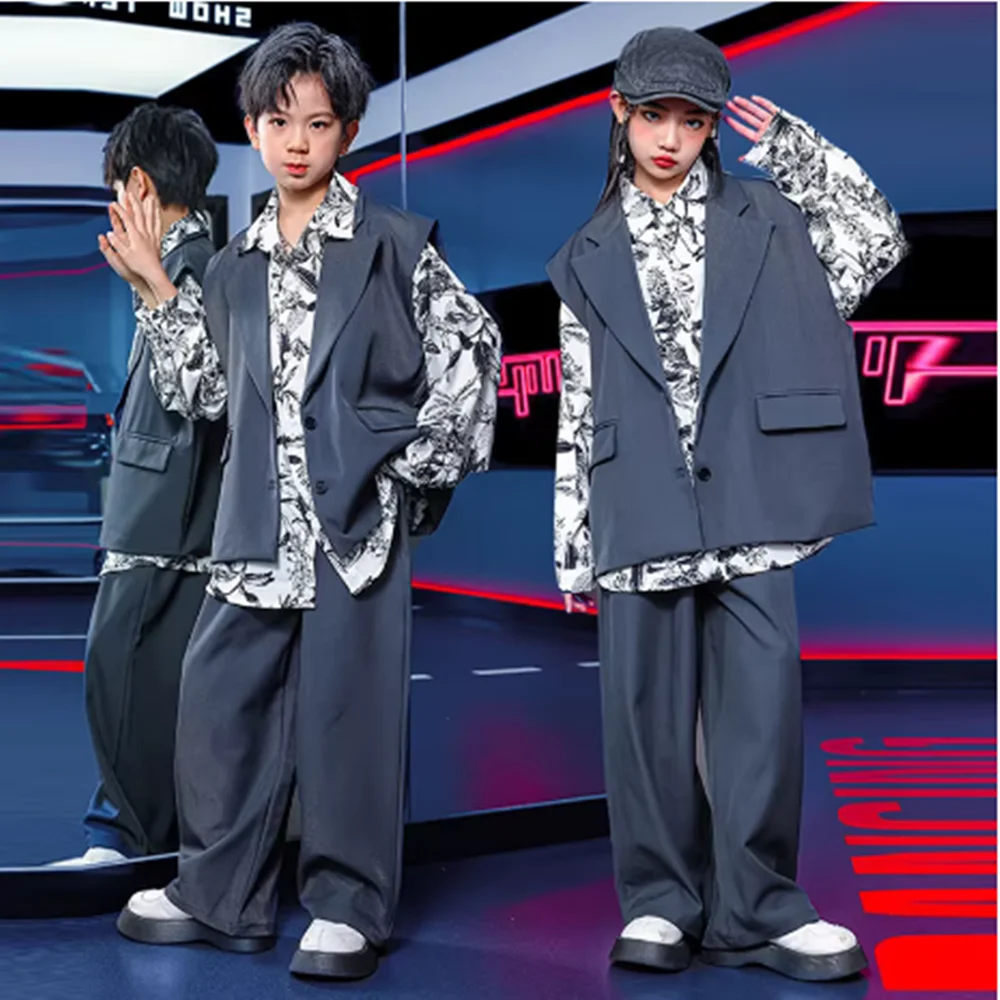 Boys Girls Jazz Dance Kpop Stage Outfit Kid Street Dance Clothing Hip Hop Oversize Shirt Grey Sleeveless Suit Shuffle Pants  YJ7