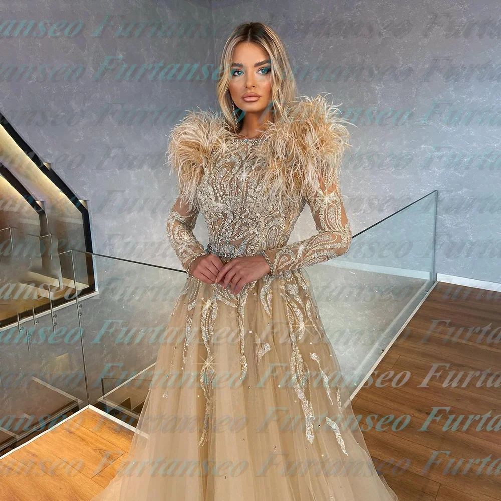 Furtanseo Modest Evening Dresses Champagne Lace Beaded Illusion Full Sleeves Feather One Shoulder A-line Long Prom Gowns 2023