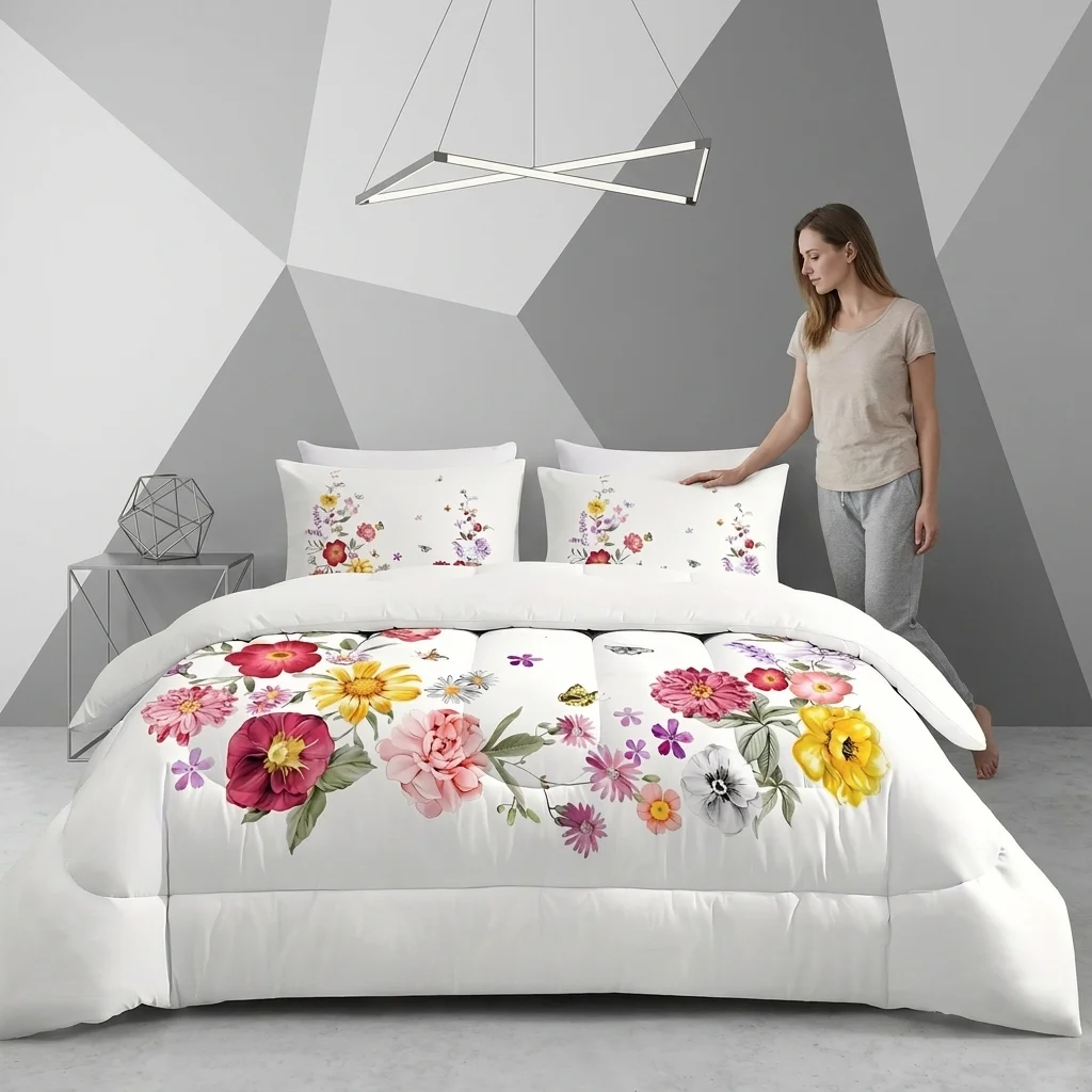 Vibrant Colorful Floral Printed Comforter, Soft Microfiber Quilted Duvet Insert, All‑Season Lightweight Bedding Comforter for Home Bedroom, Pillowcases Not Included