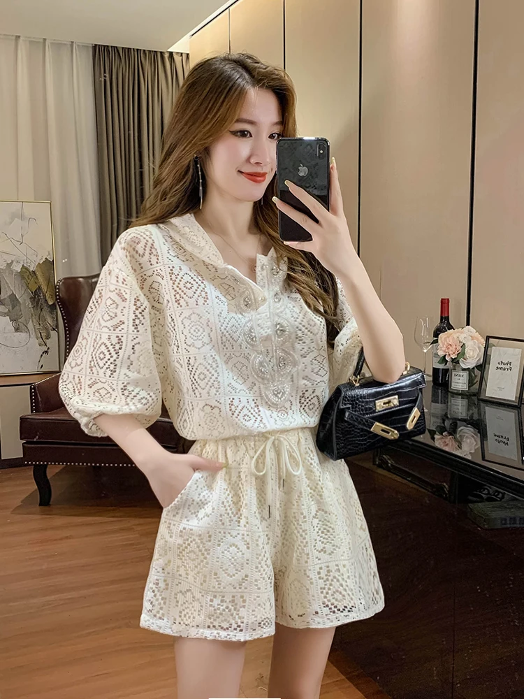 Rhinestone Spring Summer 2023 New Lace hollow out Short Sleeve Top+ High Waist Shorts Two Piece Set