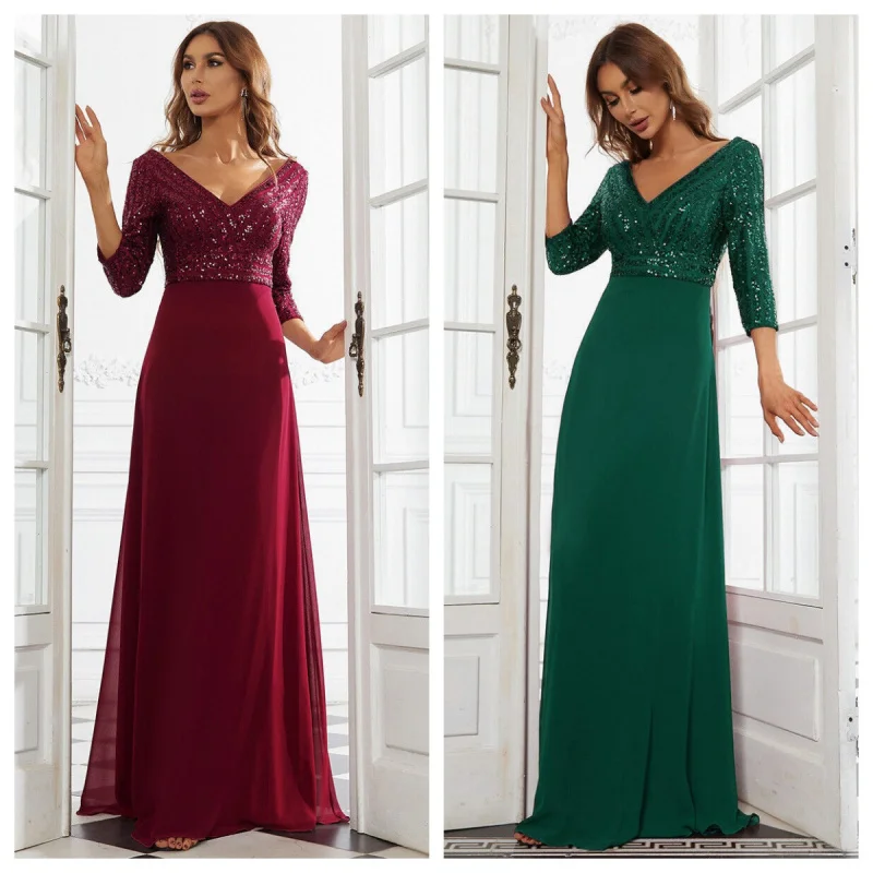 

New Middle East Women's Chiffon Double Dress A- line Large Hem Sequin Stitching Evening Dress (2 Colors)
