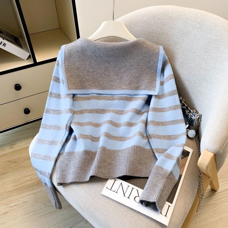 Dolce autunno nuovo maglione lavorato a maglia versatile a righe con colletto blu scuro retrò Top femminile a maniche lunghe