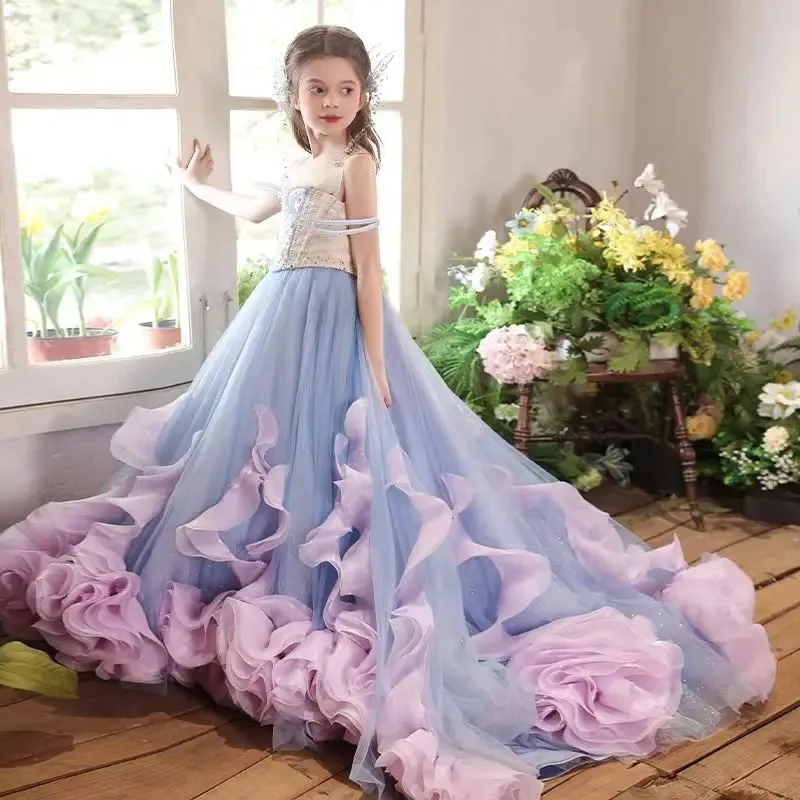 Custom Luxury Gradient Blue Flower Girl Dress with Crystal Long Train Children’s Princess Wedding Gown