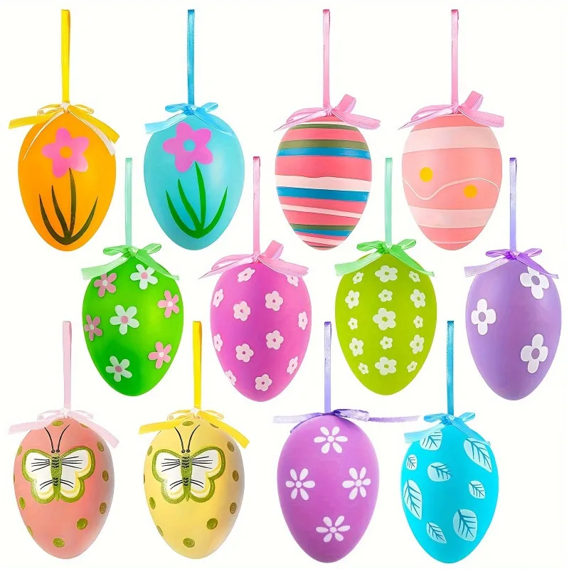 12/Pcs Easter Decorations Eggs Hanging Colorful Party Wedding Decoration Tree Basket Artificial Plastic Eggs Supplies for Home