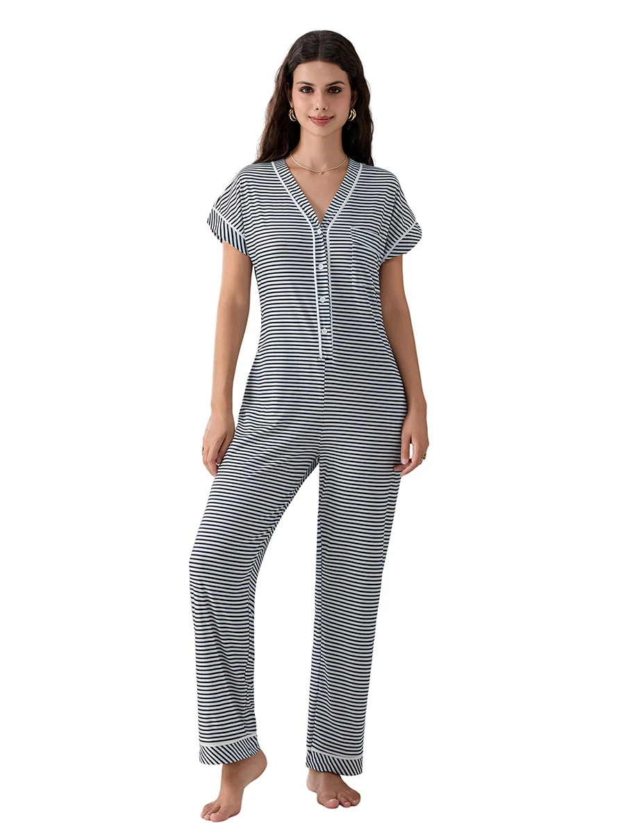 

Women Casual Loose Fit Striped Jumpsuit Cozy Soft Short Sleeve V Neck Button Down Pajama with Pockets