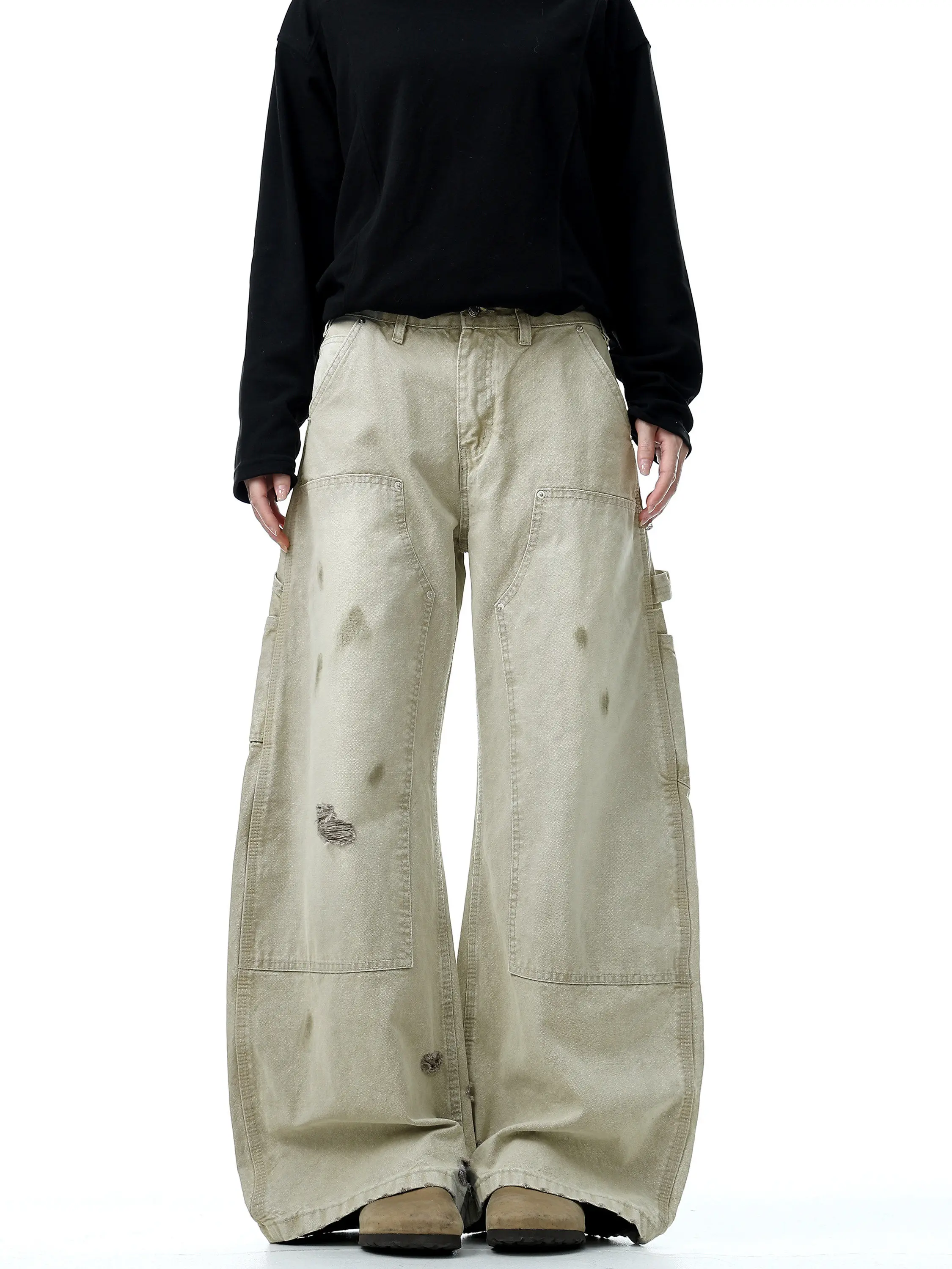 

Retro American Decosed Denim Jeans Men's Women's CleanFit Multiple kets Casual Wide Leg Pants for Couples Trendy