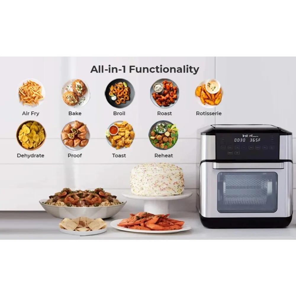 Air Fryer, Clear Windows, Custom Programming, 9-in-1 Functions, Crisp, Broil, Toast, Roast, Dehydrate, Bake, Proof.