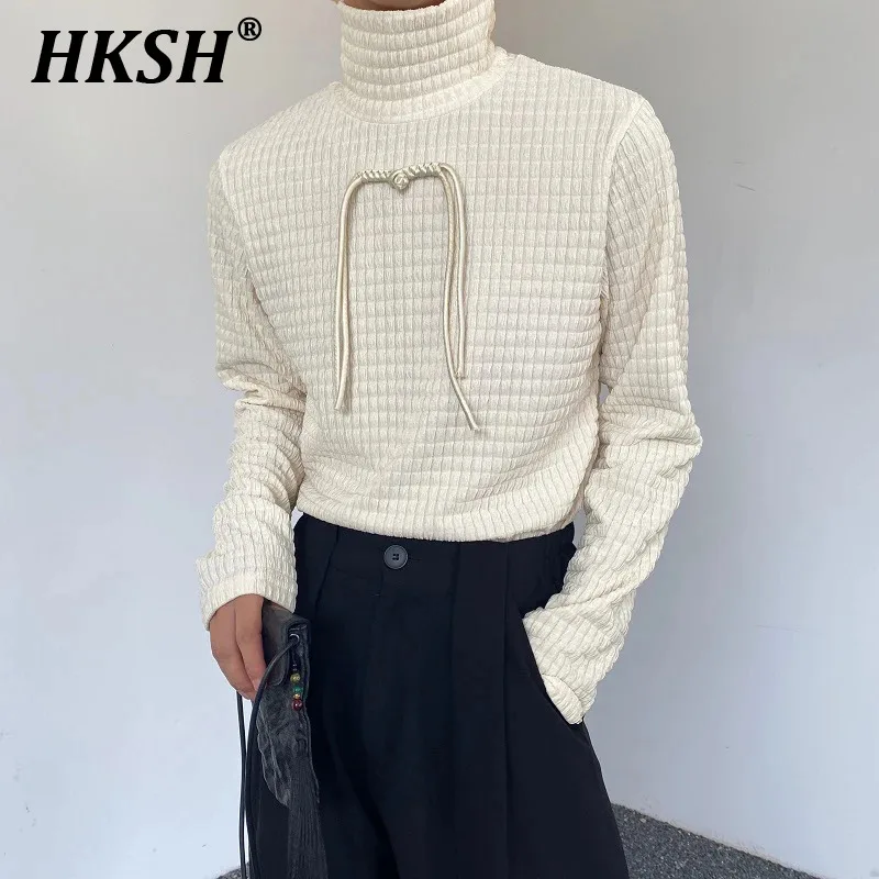 

HKSH Spring Autumn New Chinese Texture Pattern Half High Collar Plate Buckle Men's And Women's Sweater Underlay Tide Tops HK0064