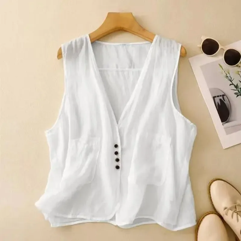 

Women Cotton Linen Vest V Neck Single Breasted Sleeveless Loose Summer Outerwear