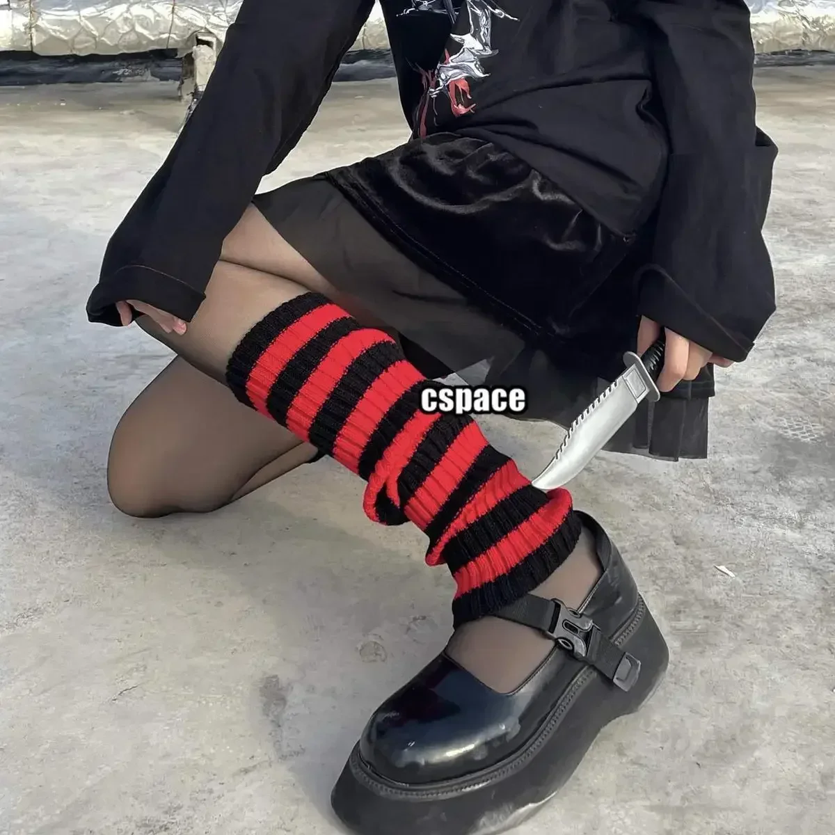 Y2k Goth Lolita Girls Cute Striped Knit Leg Warmers JK Uniform Gothic Women Leggings Gaiters Knee Knitted Cuffs Ankle Warmer