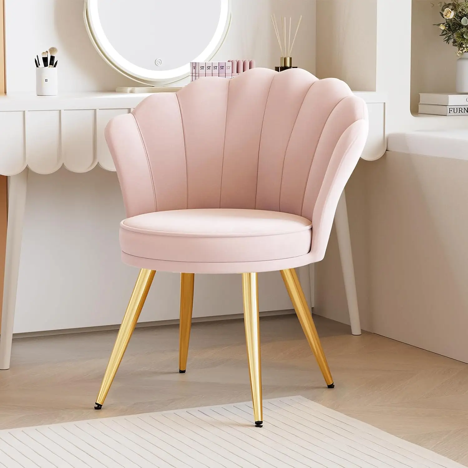 Velvet Accent Chair Gold Metal Legs, Vanity Makeup Living Bedroom Chair, Upholstered Guest Seating, Light Pink, Customized
