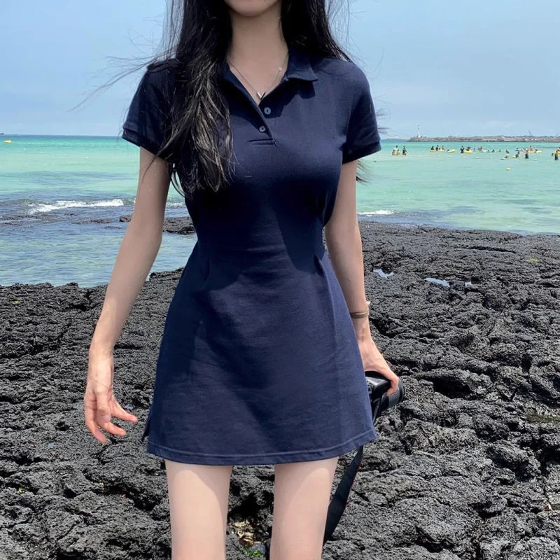 Academic Style Temperament Hottie Navy Blue Simplicity Lower Back Appear Thin Self Cultivation Polo Women's Dress Summer 2024