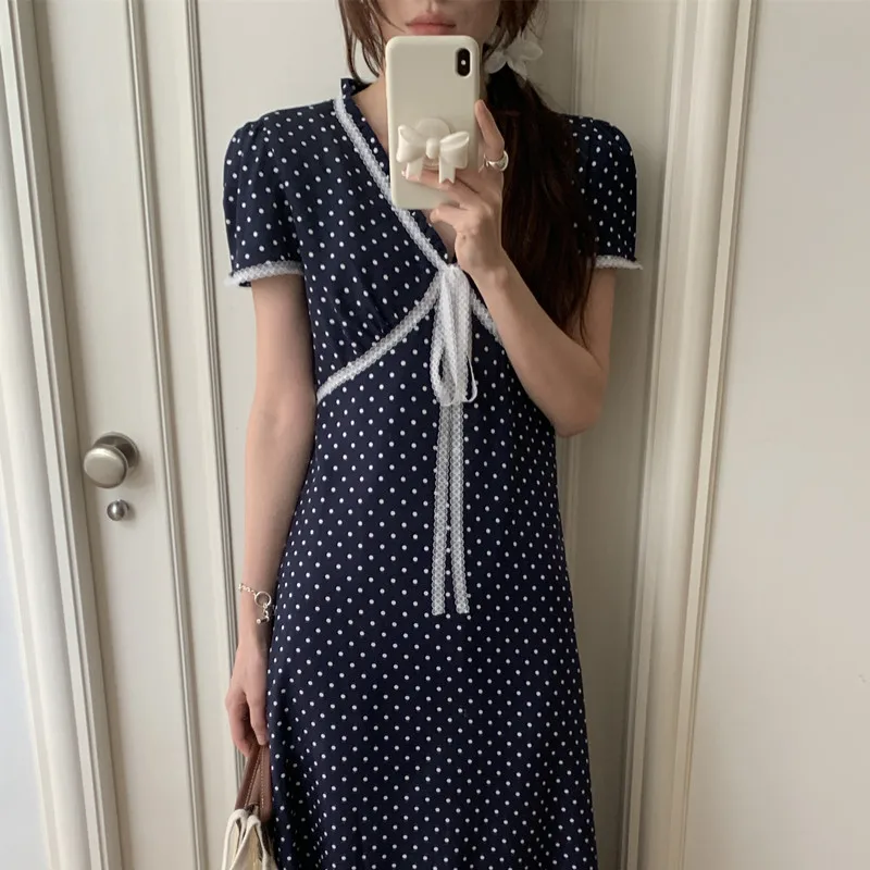 Basics Lace V Neck Summer Long Chiffon Dot Dress Women Sashes A-line Sundress Female Woman Clothes 2025