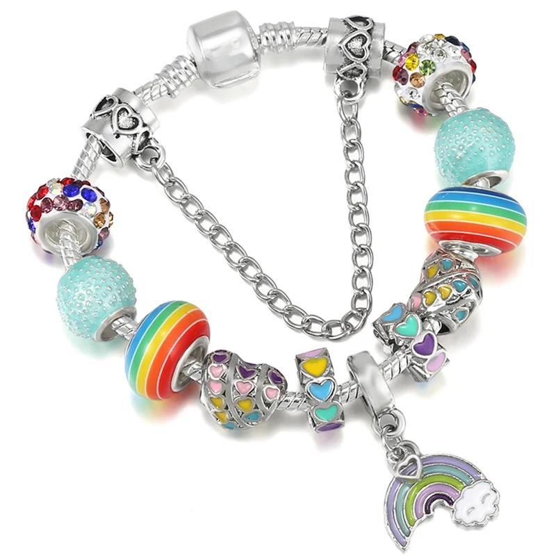 High-Quality Charms Bracelets With DIY Crystal Unicorn Rainbow Pendant Beads Snake Chain Jewelry For Women Girlfriend Party Gift