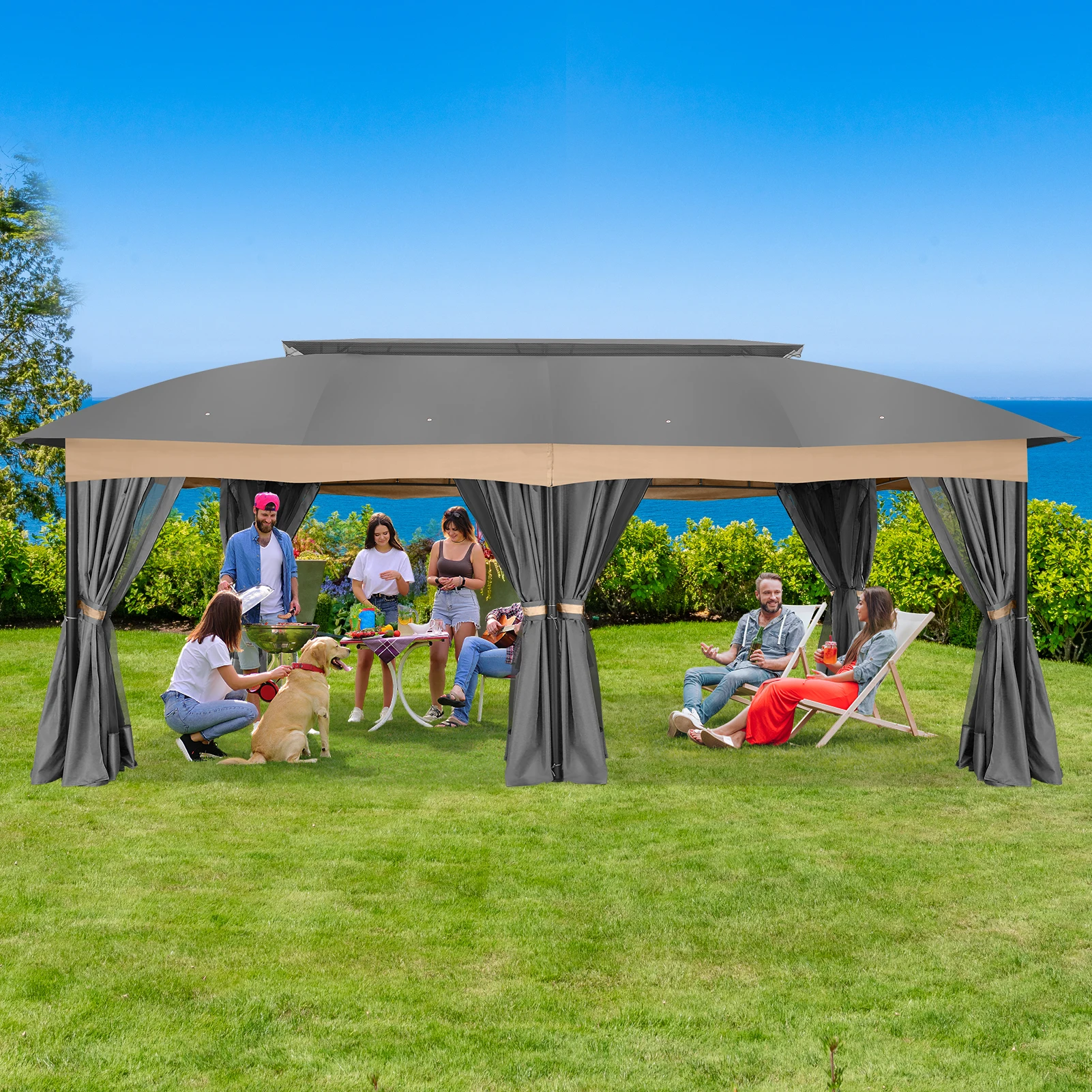 Gazebo 12x20 Heavy Duty Gazebo with Curtain and Netting Outdoor Gazebo Double Roof Patio Gazebo with Metal Steel Frame Gazebo