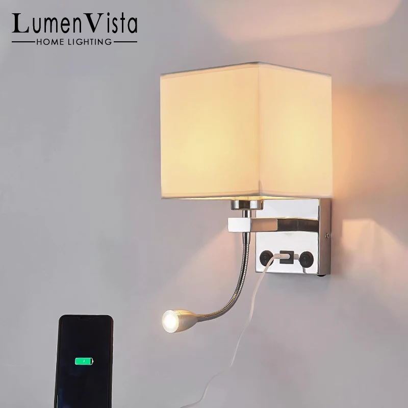 Modern LED Wall Lamps with Switch USB Reading Lights Fabric Art Retro Home Light Study Bedroom Hotel Bedside Wall Light