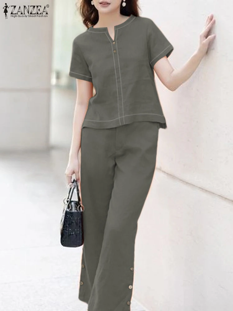 ZANZEA Summer V Neck Short Sleeve Blouse OL Trousers Suit 2PCS Elegant Women Office Work Matching Sets Solid Loose Tracksuits