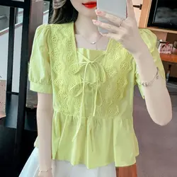 Women's 2024 Summer New Fashion Sweet Solid Color Bow Drawstring Square Collar Blouses Lace Spliced Chic Short Sleeve Shirt Tops