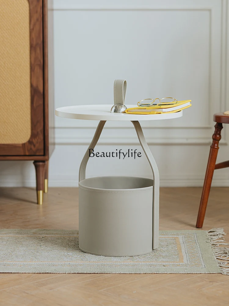 Handle Side Table Retro Italian Handmade Saddle Leather Light Luxury Storage Sofa and Tea Table