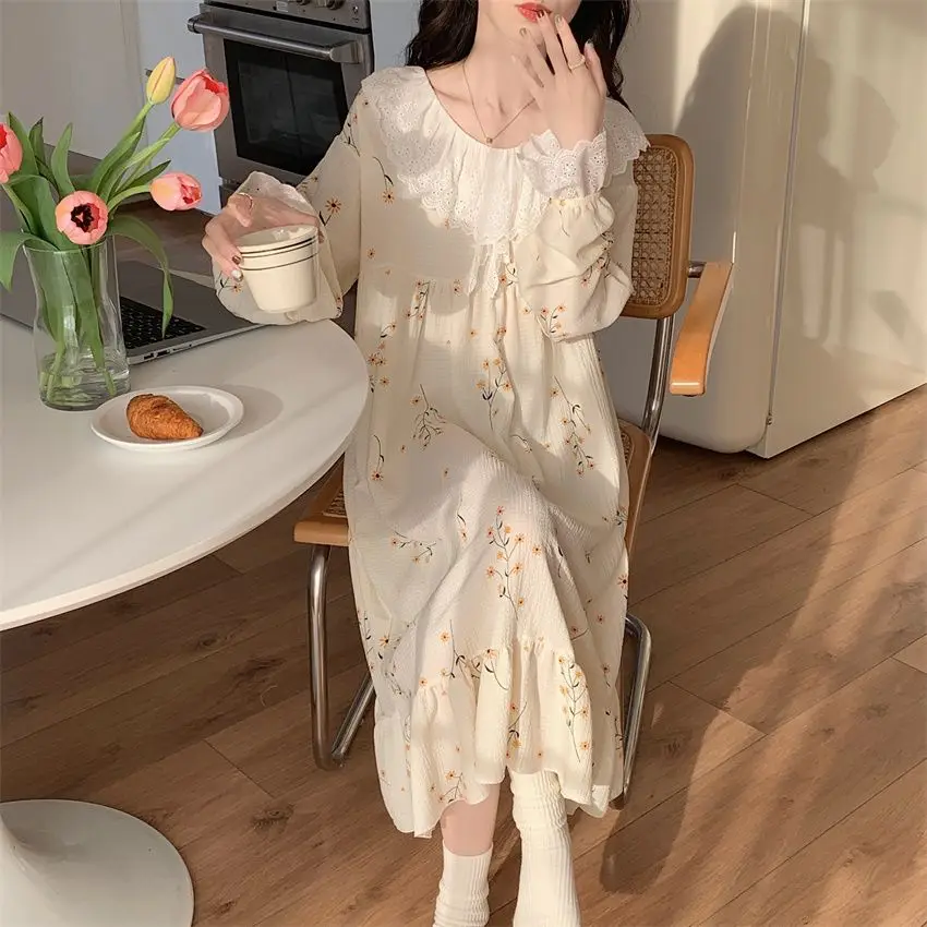 Floral Women Nightgown Korean Style Sleepwear Long Sleeve One Piece Pajamas Autumn Lace Night Dress Home Sleeping Wears New In