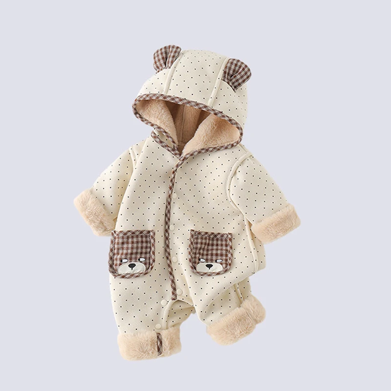IYEAL Cute Bear Ear Baby Hooded Romper, Fleece Lined Thick Infant Jumpsuit, Plaid Pocket Newborn Winter Warm One Piece Outfit