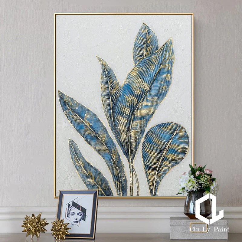 Handmade Gold Foil Banana Leaves Thick Textured Oil Painting On Canvas Modern Wall Art For Girls Living Room Lobby Decor Poster