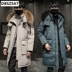 XKK 2025 moda cappotti invernali uomo collo di pelliccia addensare piumino lungo uomo con cappuccio caldo allentato parka piumino d'anatra bianco cappotto invernale