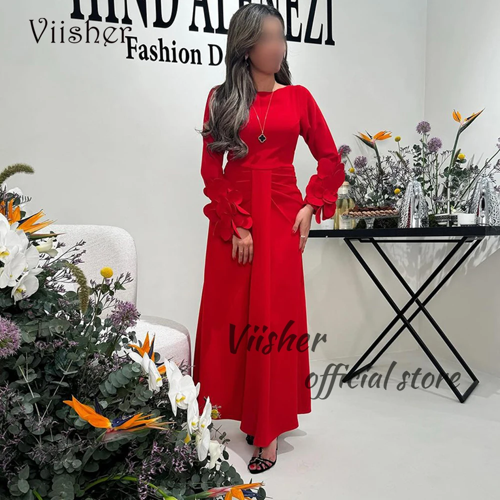 

Viisher Red Satin Mermaid Evening Dresses Long Sleeve O Neck Wedding Party Dress Arabian Dubai Formal Prom Gown Ankle Length