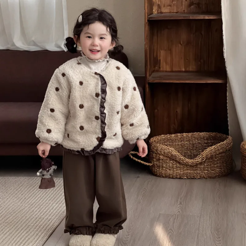 

Осень-зима 2025 г., детская одежда для девочек, плотная хлопковая куртка с вышивкой в горошек, пальто с меховой подкладкой, наряд для детей 3-10 лет