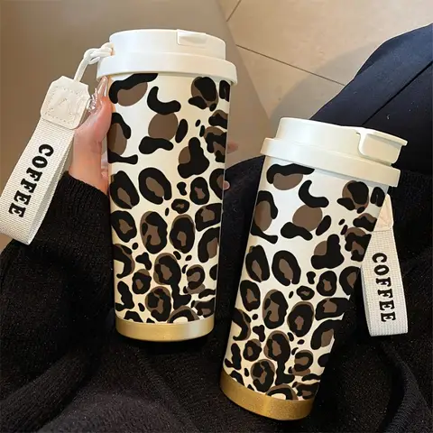 18oz 316 Stainless Steel Double Wall Insulated Coffee Cup Black Leopard Print Design Beverage Thermos for Office Travel Gifts