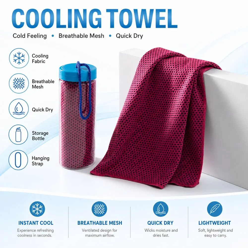 Durable Polyester Cooling Towel Cooling Fabric Breathable Mesh Sports Towel Quick Dry Hanging Strap Ice Wipes Storage Bottle