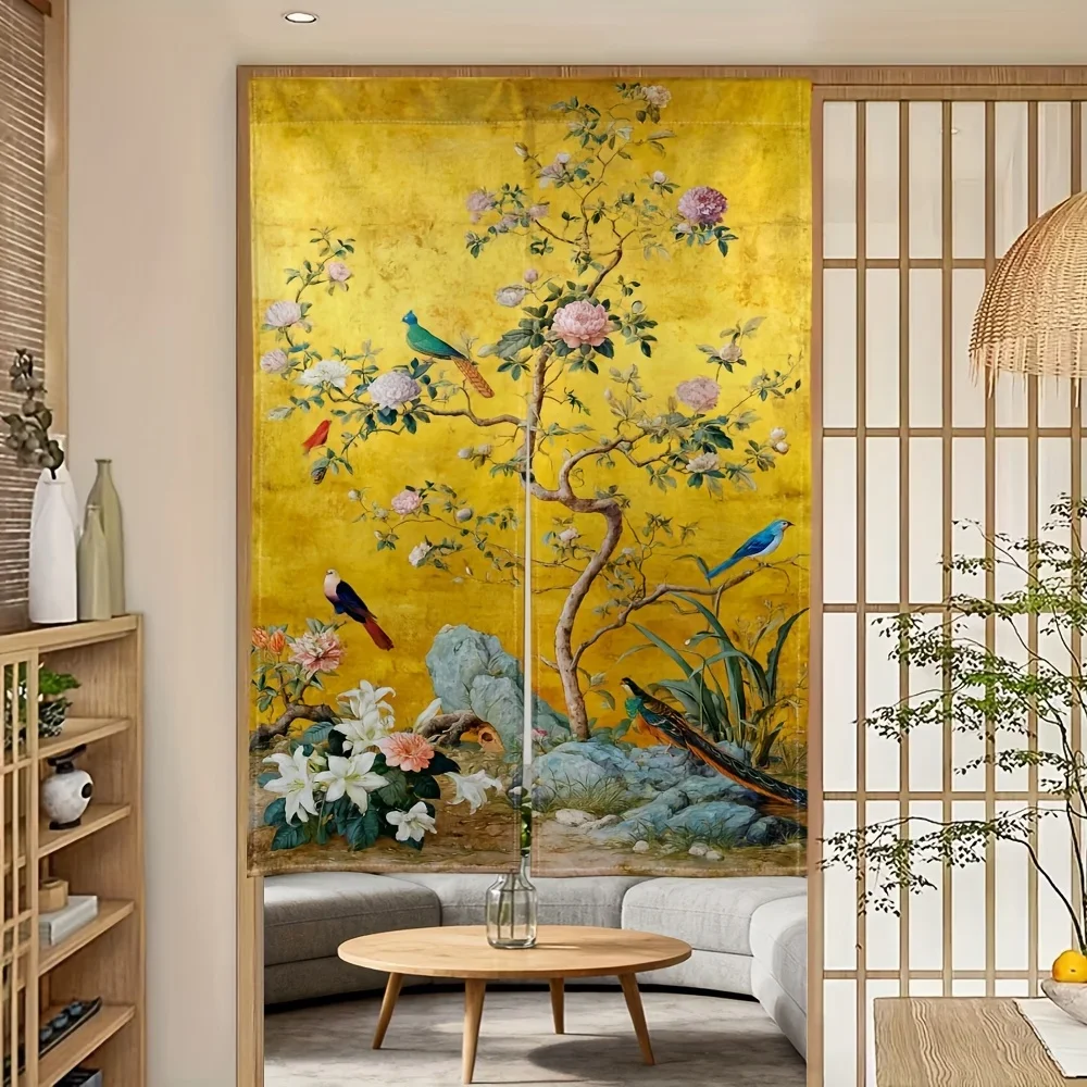 Luxurious Chinese Floral Peony Art Room Divider Curtain Screen Wallpaper Tapestry Golden Background Oriental Decorative Door Par