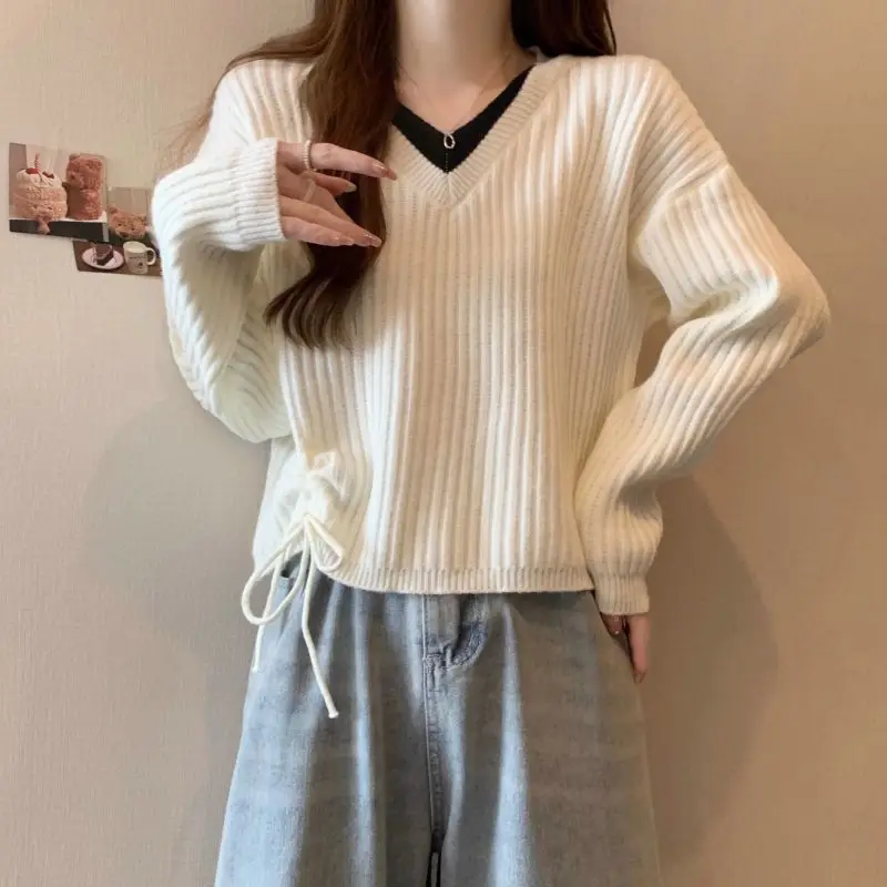 Knitted Base Sweater for Women Fashionable and Versatile Slim V-neck Long Sleeved Fake Two-piece Drawstring Sweater for Women