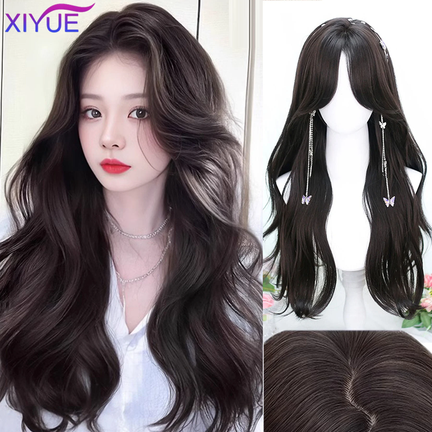 XIYUE Popular Brown Ash Long Deep Wave Hair Lolita Wigs With Bangs Synthetic Wig For Women Fashion Thick Curls Wigs Girl