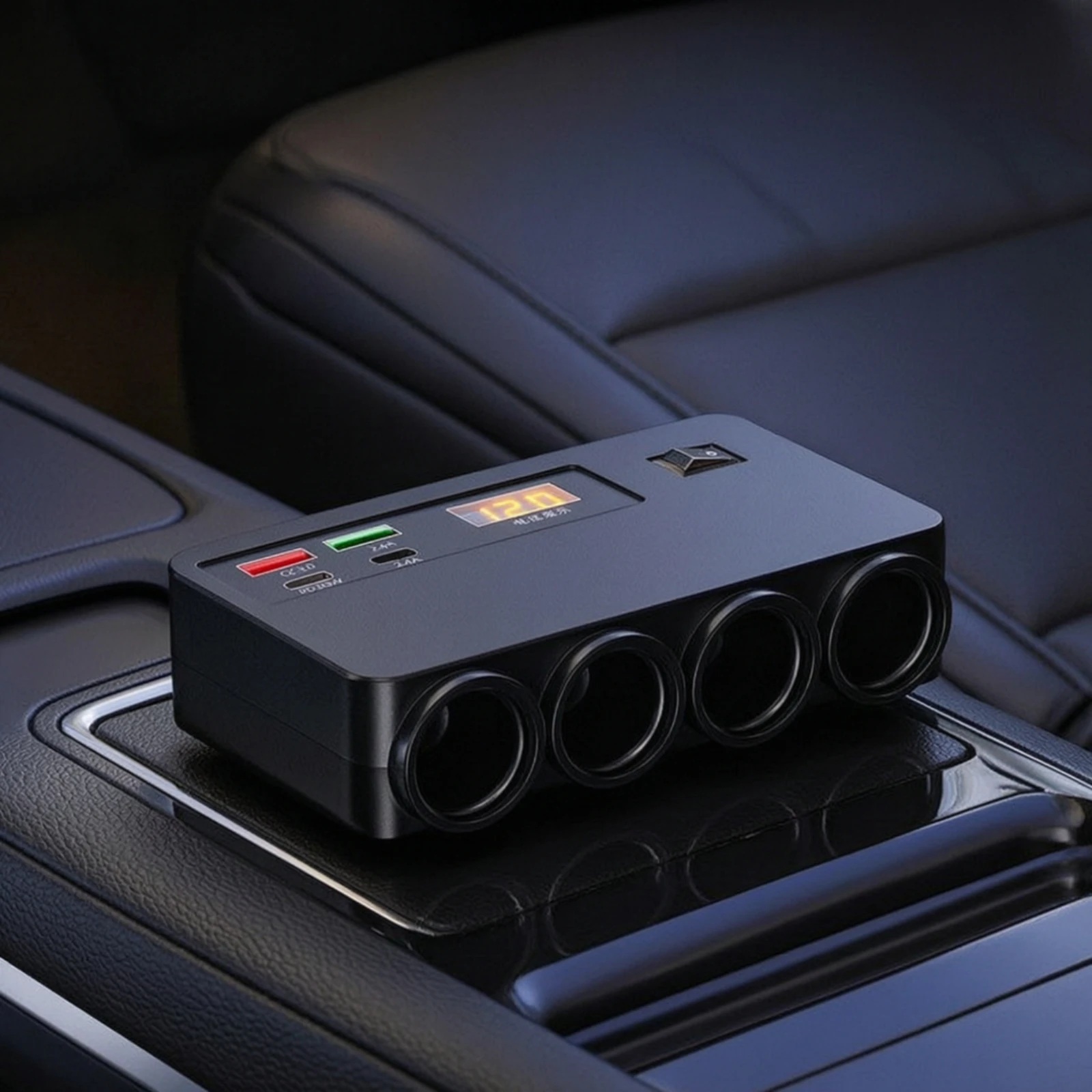 Expansion Socket Digital Car Charger with Volt Meter Multi-Port Charging Hub Compatible Power Adapter Matte