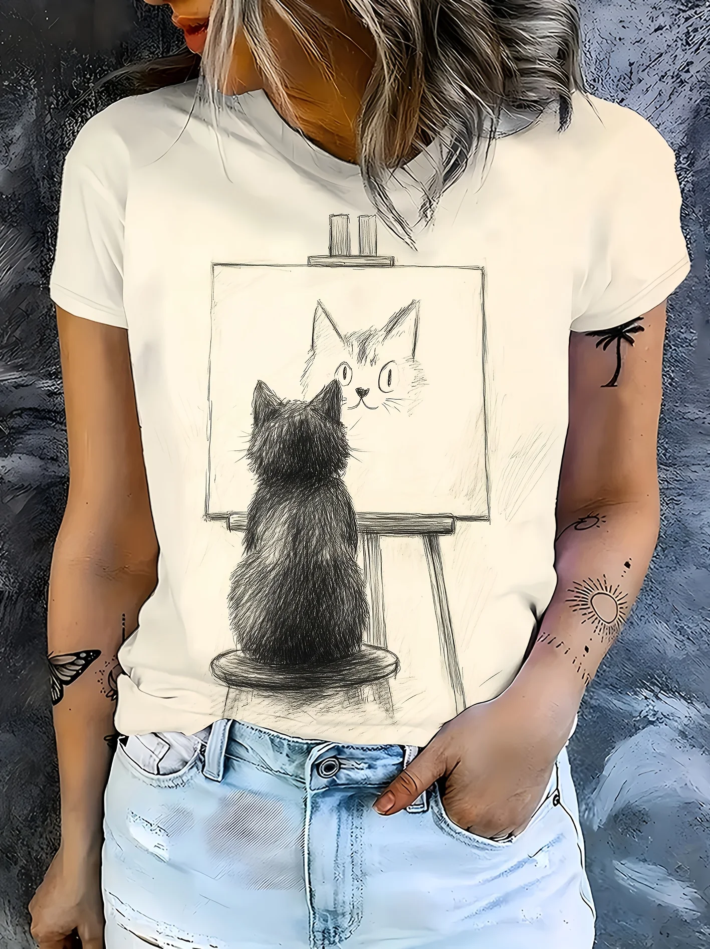 Women T‑shirt Short Sleeve Sketch Cat Drawing Self‑portrait On Easel Graphic Print O‑neck Casual Daily Summer Fashion Tee Top