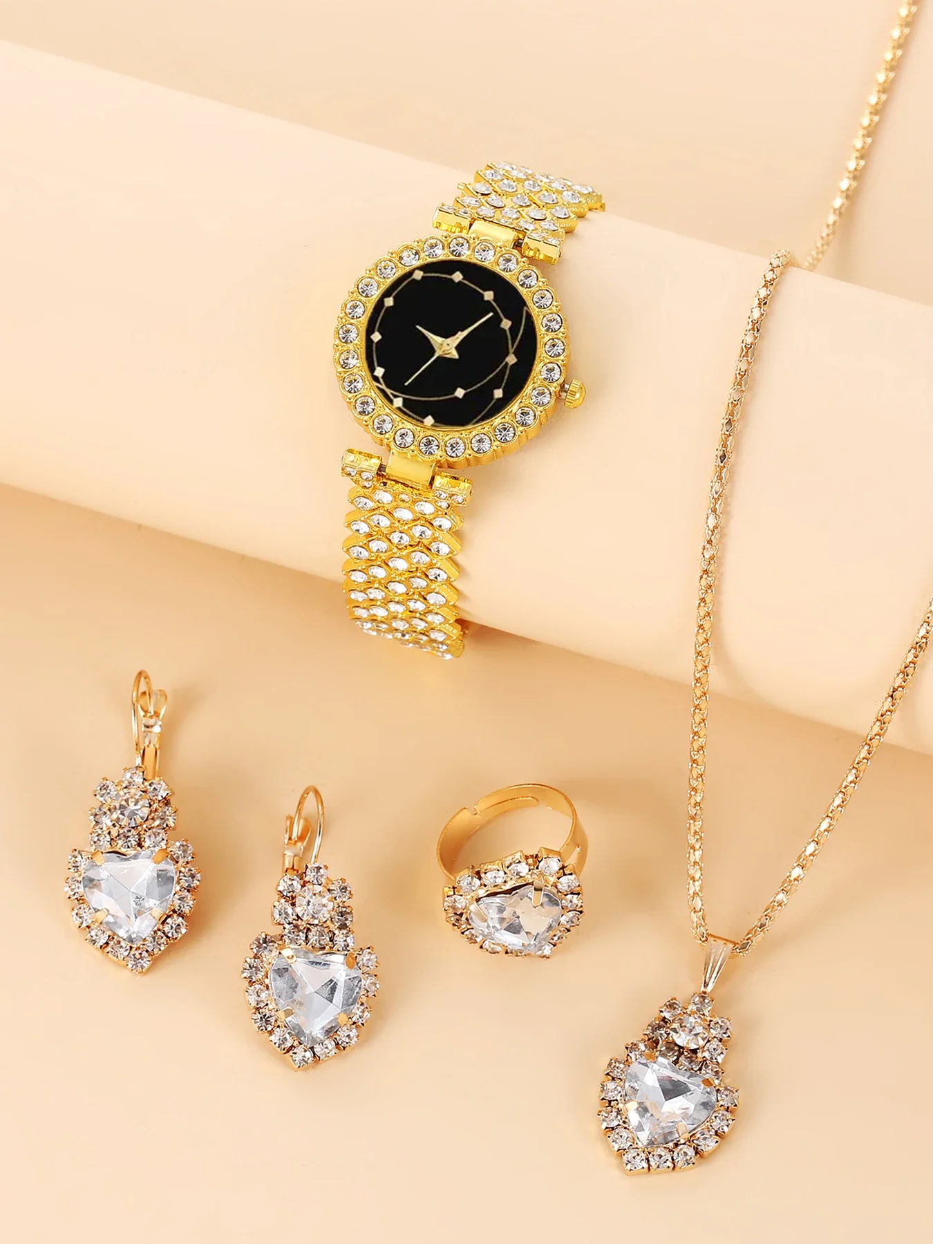 1pcs steel strip women's watch temperament quartz watch for women+4pcs heart-shaped gemstone set