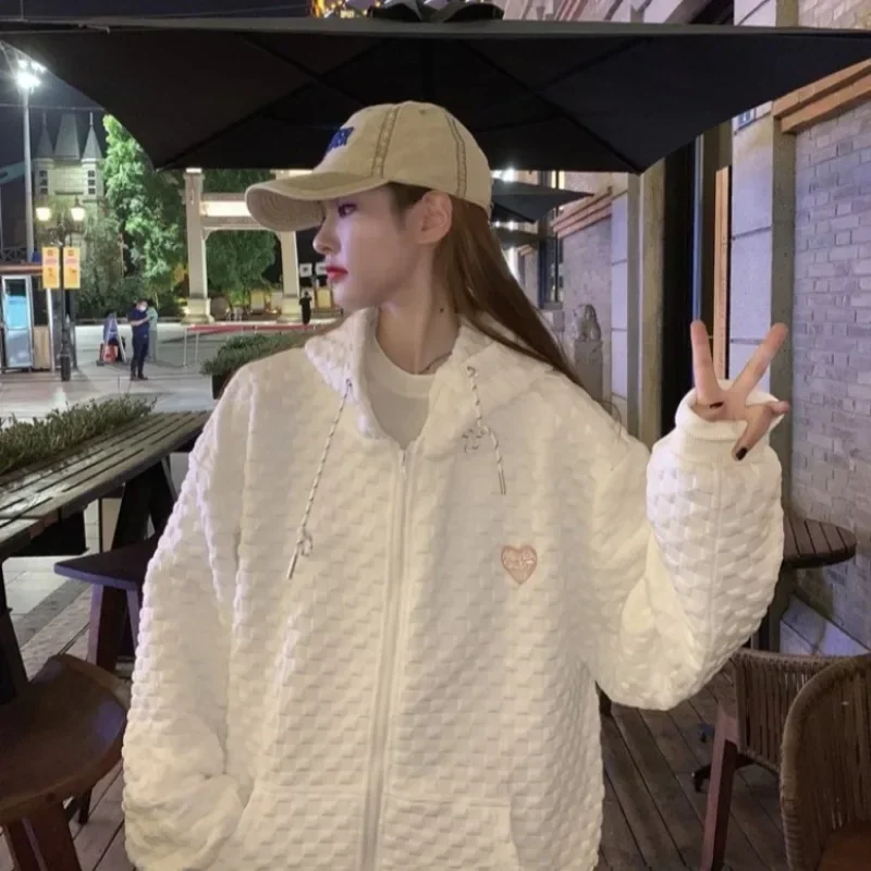 Autumn Winter New Waffle Women Jacket Coat Sweatshirts Korean Fashion Harajuku Loose Zip Up Hoodie Hoodies Y2k Streetwear Women