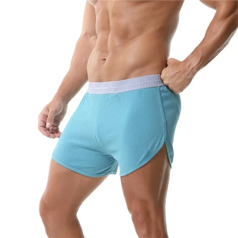 Cotton Ribbed  Arrow Pants Men Boxer Shorts Detachable Pouch Underwear Gym Fitness Breathable Underpants Panties