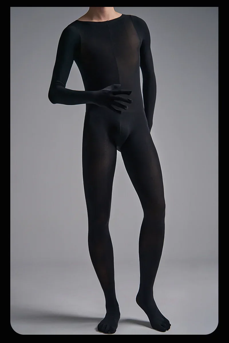 

Sexy Men Thermal Underwear Five Finger Gloves Bodyhose 120D Velvet Bodystocking Cock Pouch Back Open Bodysuit Plus Size 90 kg