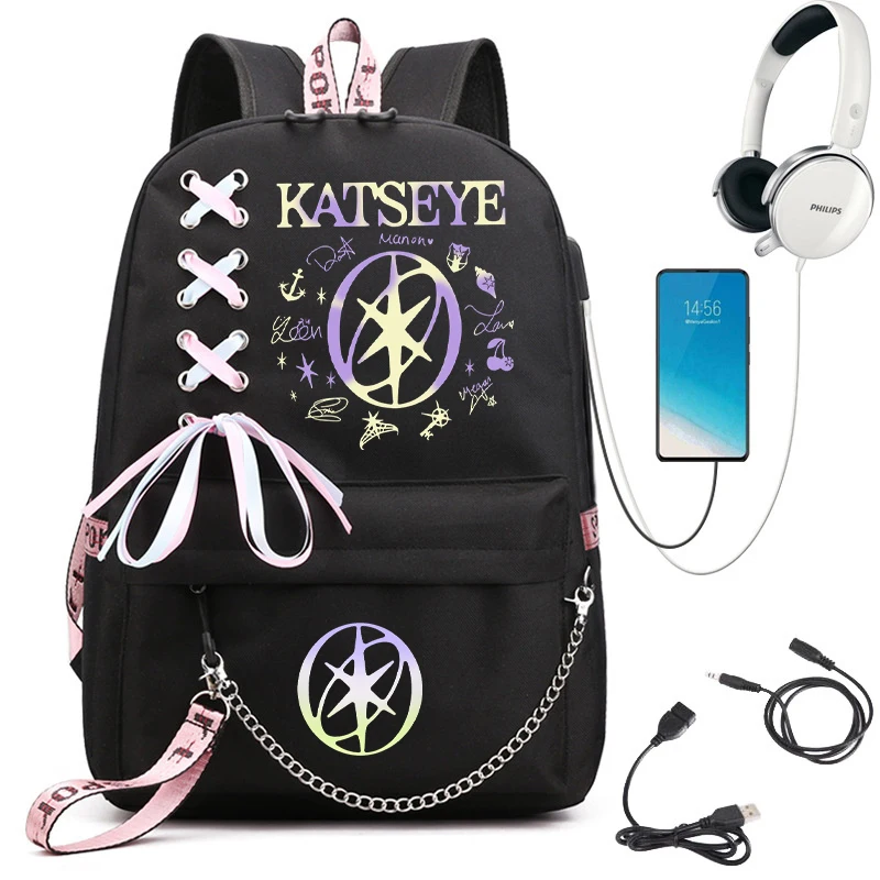 Image of Girl Group Katseye Grafik-Schulrucksack für Teenager, USB-Anschluss, Schultaschen für Damen, Y2K-Laptop-Computertasche, Studenten-Katseye-Rucksack
