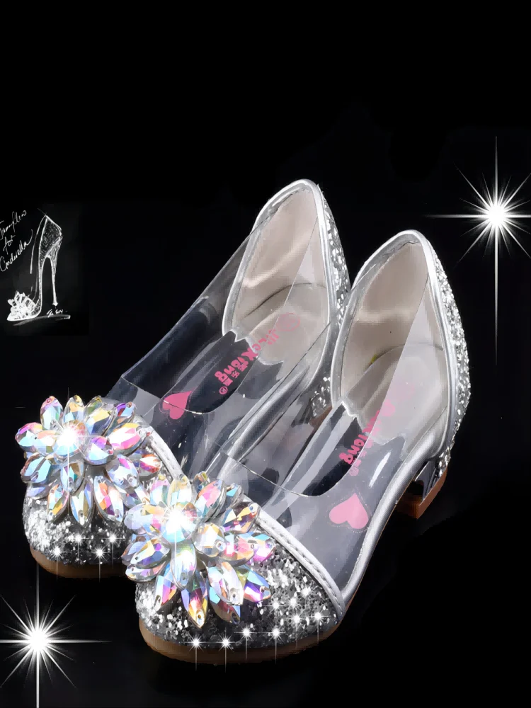 Fashion Cinderella Crystal Bright Diamond Shoes Girl Princess Single Shoes Girl Performance High Heels Shoes