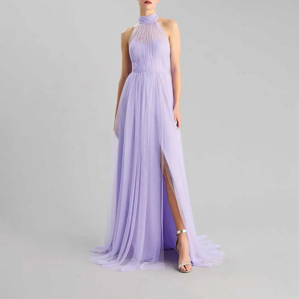 

Stunning Halter Neck Sleeveless Pleated Side Split Backless Evening Dress Prom Party Dress Elegant Formal Gowns فساتين سهرة