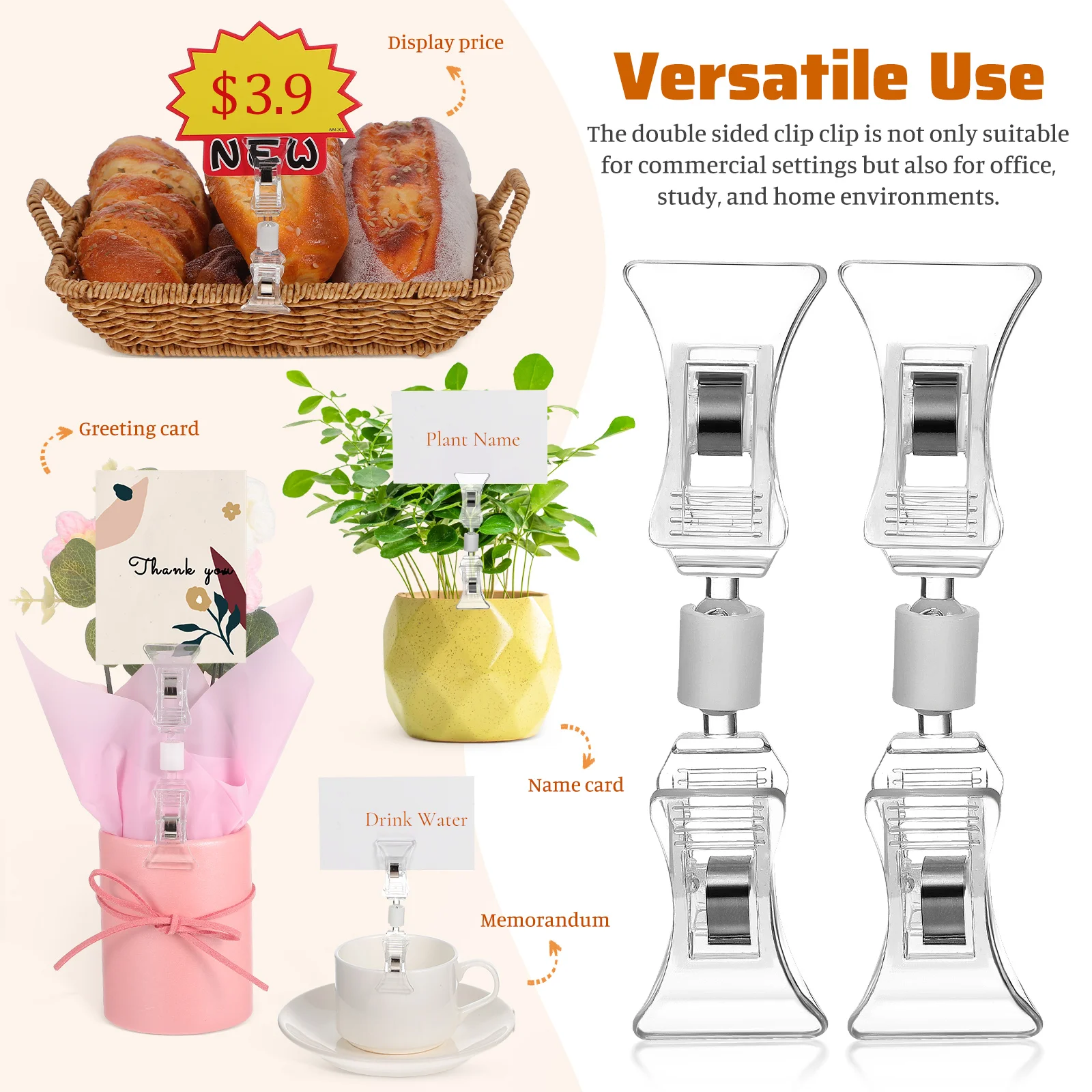 

20 Pcs Transparent Clip Produce Sign Retail Display Clips Merchandise Material Holder Office Removable Label Clip-on Holders
