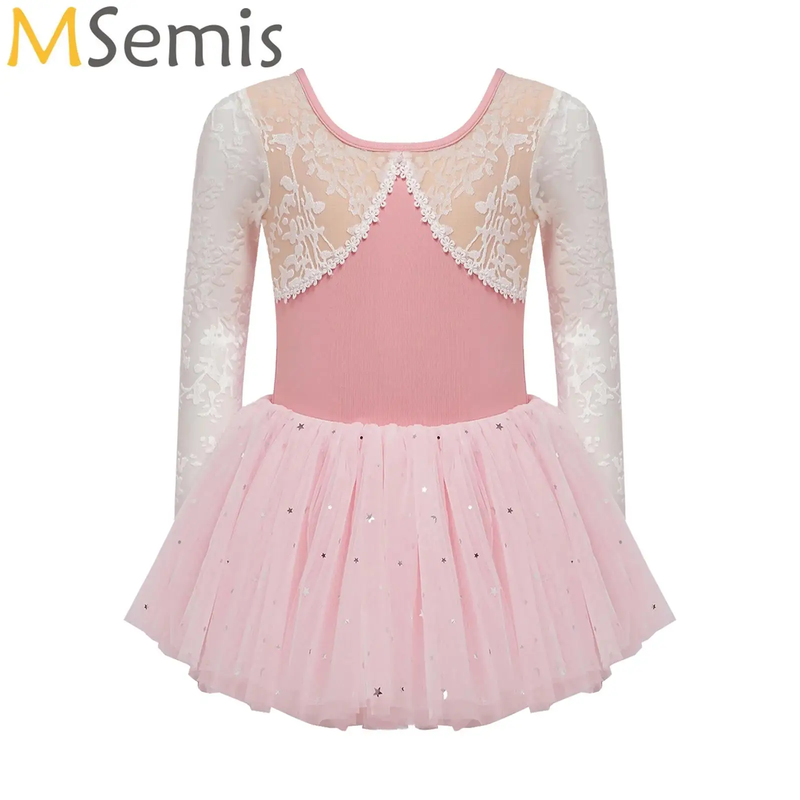 

Kids Girls Ballet Dance Performance Outfit Long Sleeve Lace Mesh Patchwork Jersey Leotard with Layered Skirt Ballerina Costume